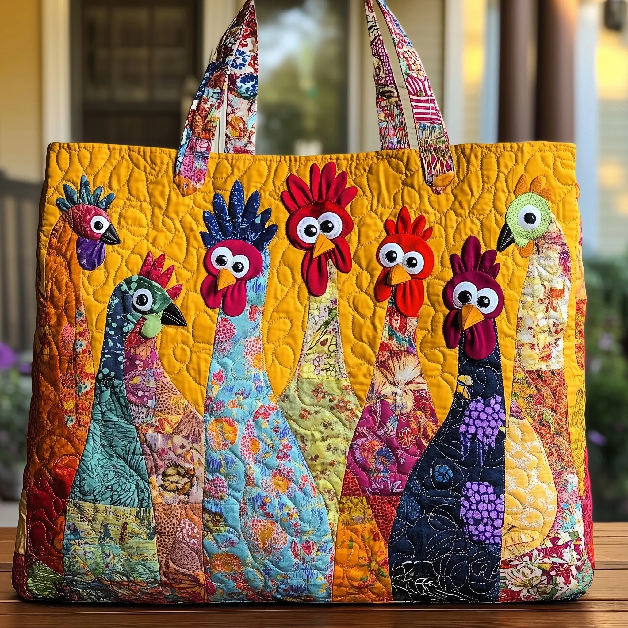 Chorus of Colorful Feathers — 3D Patchwork Chicken Quilted Tote Bag ✨