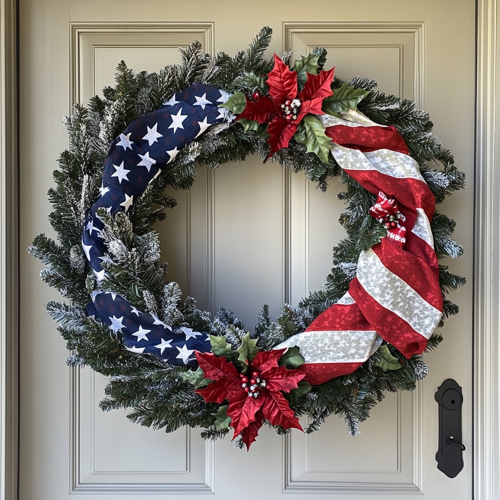 Handmade Winter American Flag Wreath | Front Door Decoration | Christmas Gift