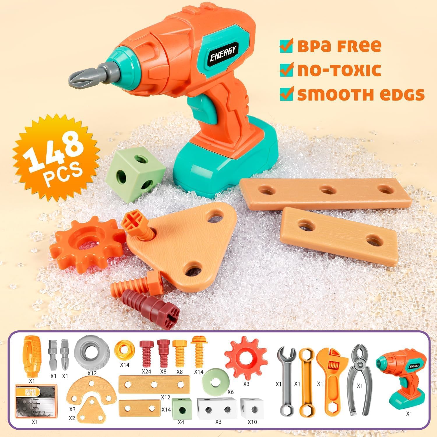 Kids Tool Set with Drill, 148 PCS STEM Building Tools with Storage Box