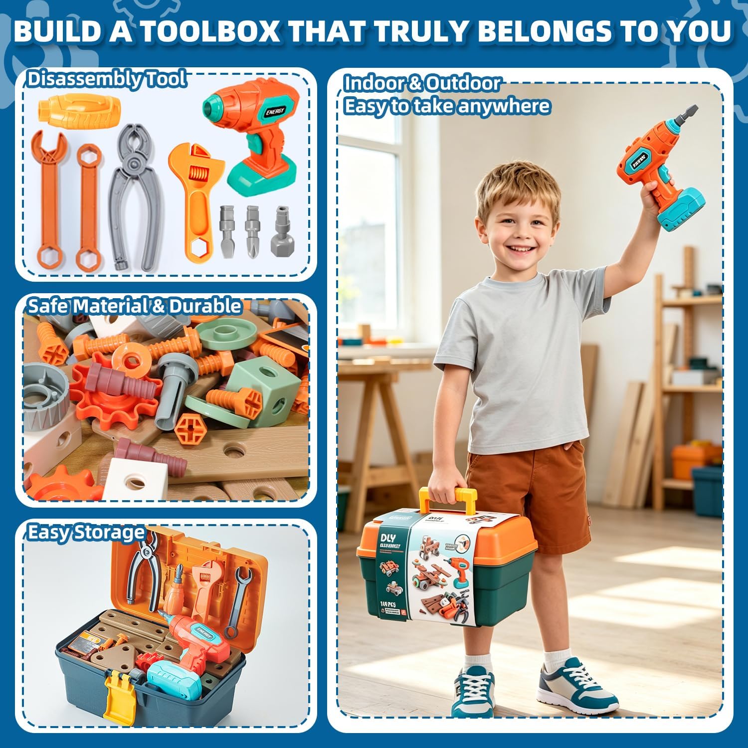 Kids Tool Set with Drill, 148 PCS STEM Building Tools with Storage Box