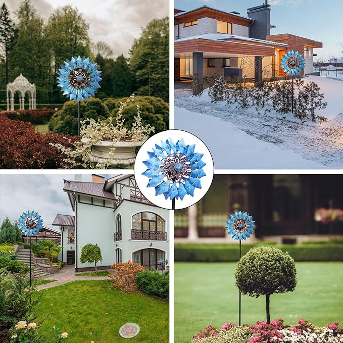 (free shipping)Solar Powered Metal Windmill - Sky Blue with LED Lights - Perfect for Summer