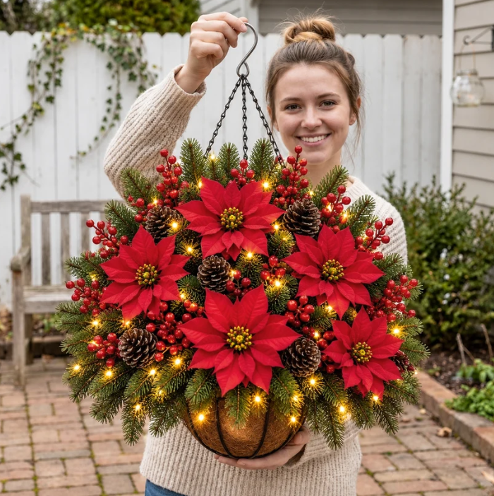 ✨Christmas Promotion 50% OFF🎄 Pre-Lit Artificial Christmas Hanging Basket | With built-in lights, weatherproof and maintenance-free