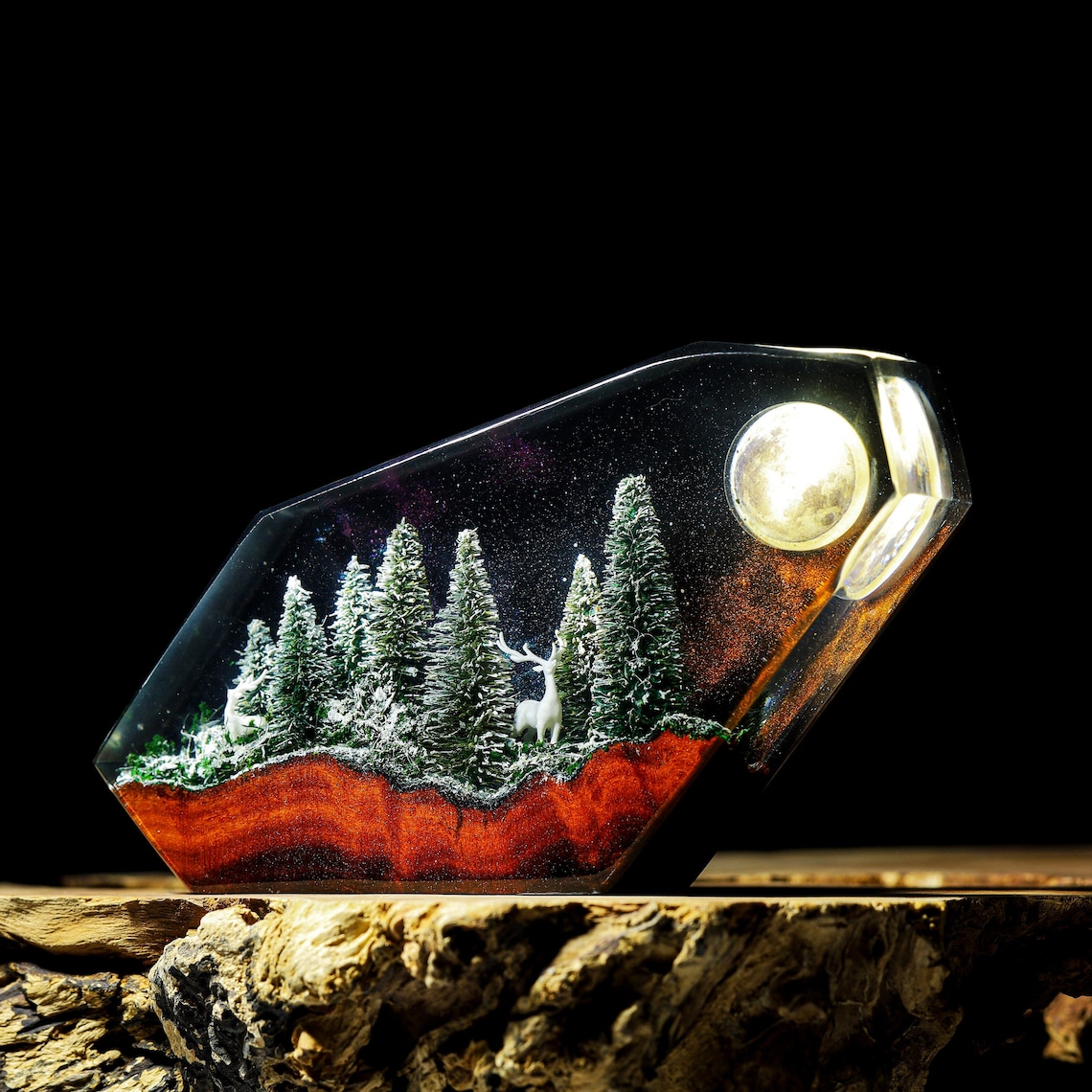 Winter snowy forest with walking deer epoxy lights | Winter home decor | Handmade resin art