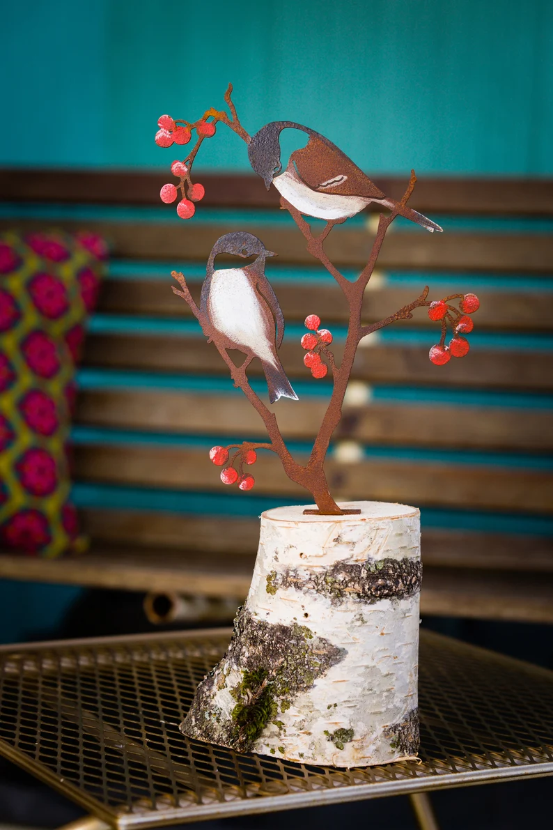 Metal Hand Painted Chickadees and Berries Garden Art | Black-Capped Chickadee Silhouette