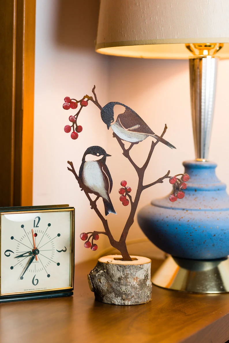 Metal Hand Painted Chickadees and Berries Garden Art | Black-Capped Chickadee Silhouette