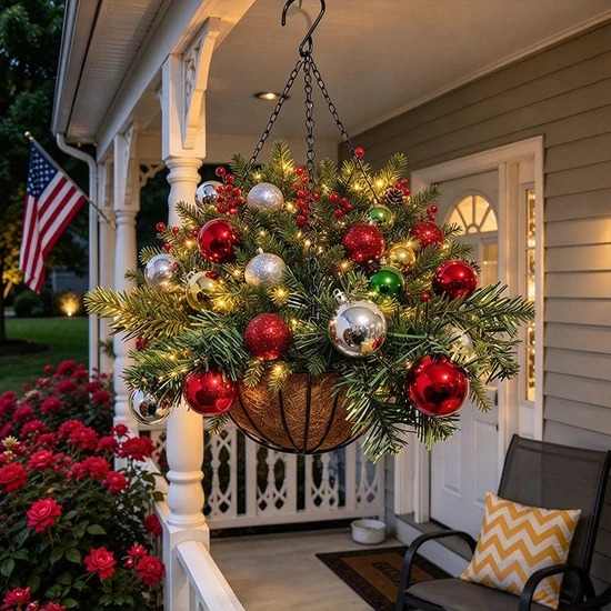 ✨Christmas Promotion 50% OFF🎄 Pre-Lit Artificial Christmas Hanging Basket | With built-in lights, weatherproof and maintenance-free