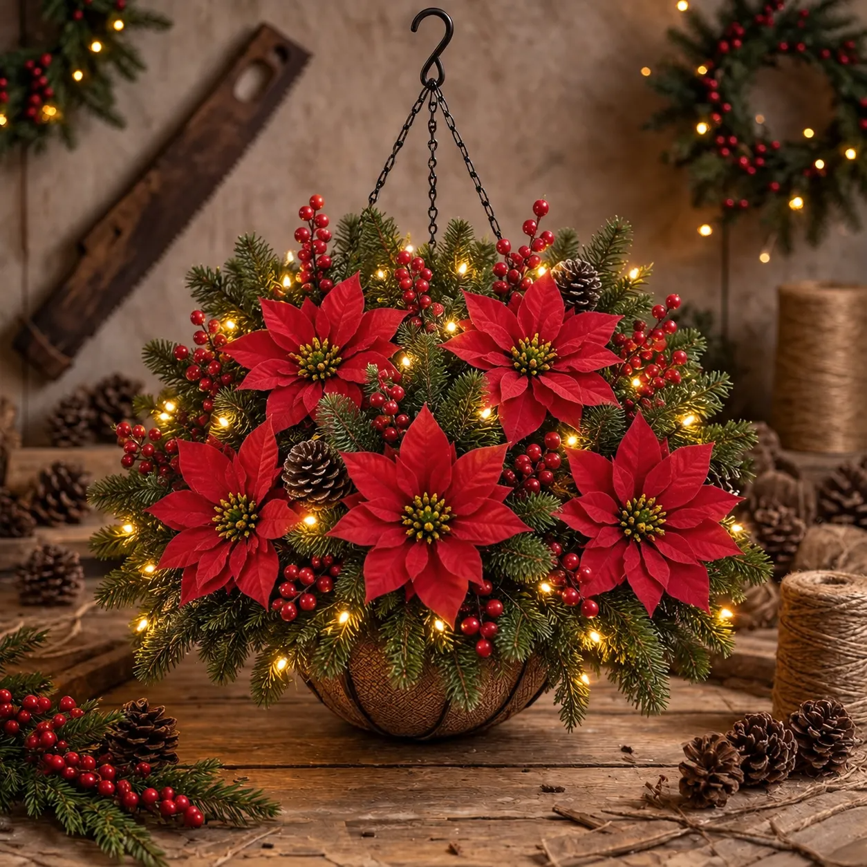 ✨Christmas Promotion 50% OFF🎄 Pre-Lit Artificial Christmas Hanging Basket | With built-in lights, weatherproof and maintenance-free