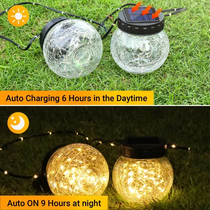 Solar Powered Hanging Lights Cracked Glass Hanging Globes for Christmas Decoration, Shepherd Hook, Garden Tree Ornaments