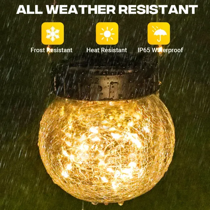 Solar Powered Hanging Lights Cracked Glass Hanging Globes for Christmas Decoration, Shepherd Hook, Garden Tree Ornaments