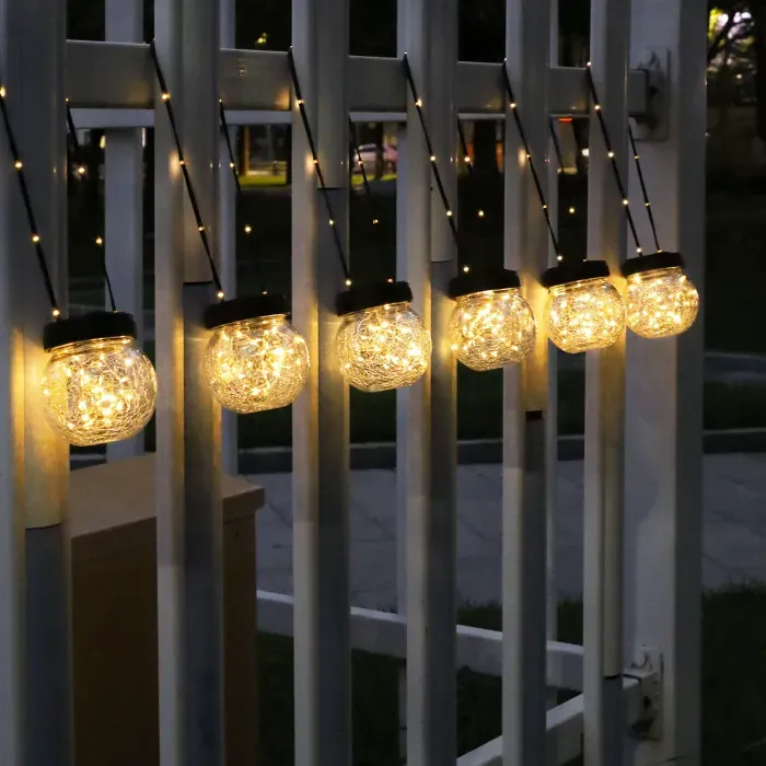 Solar Powered Hanging Lights Cracked Glass Hanging Globes for Christmas Decoration, Shepherd Hook, Garden Tree Ornaments