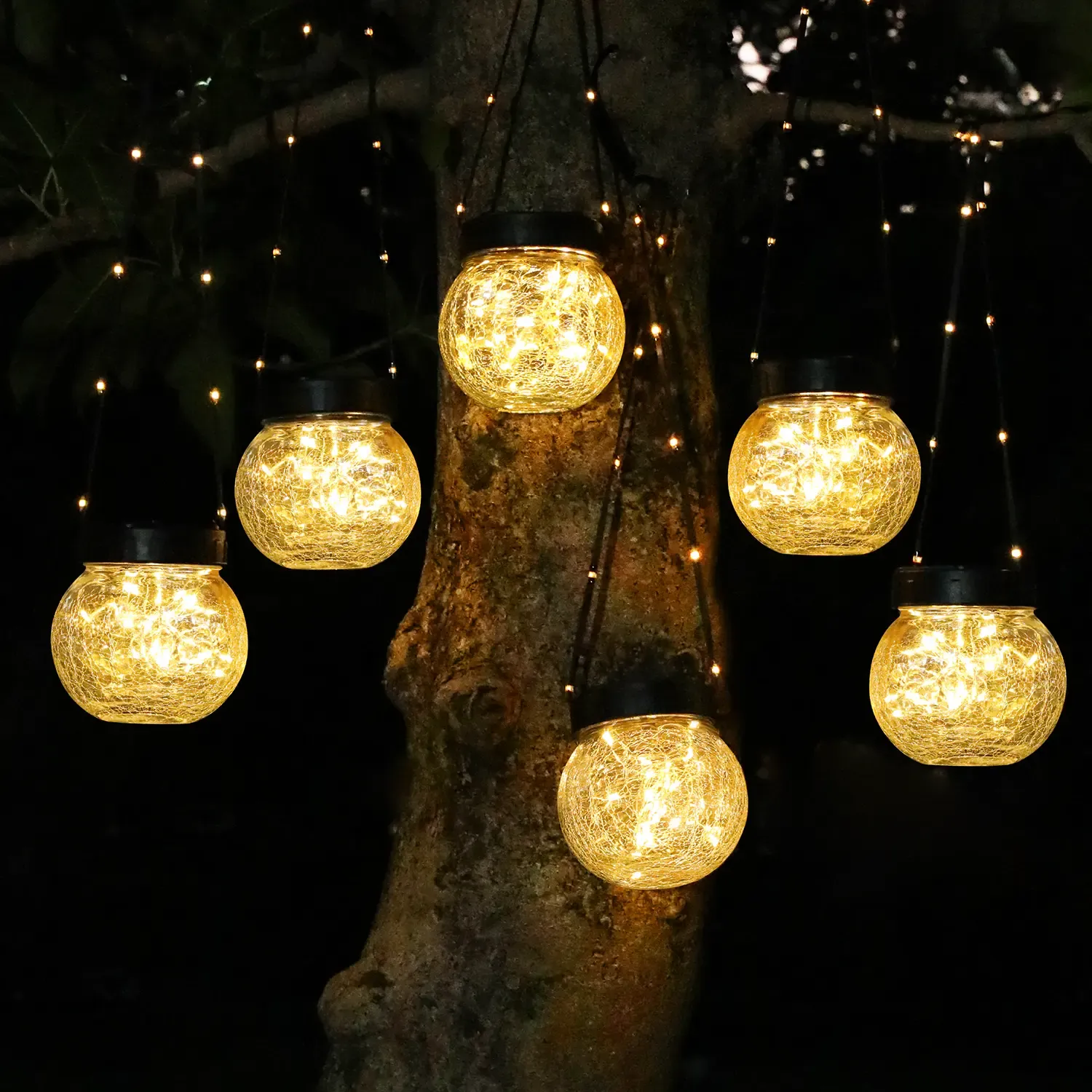 Solar Powered Hanging Lights Cracked Glass Hanging Globes for Christmas Decoration, Shepherd Hook, Garden Tree Ornaments