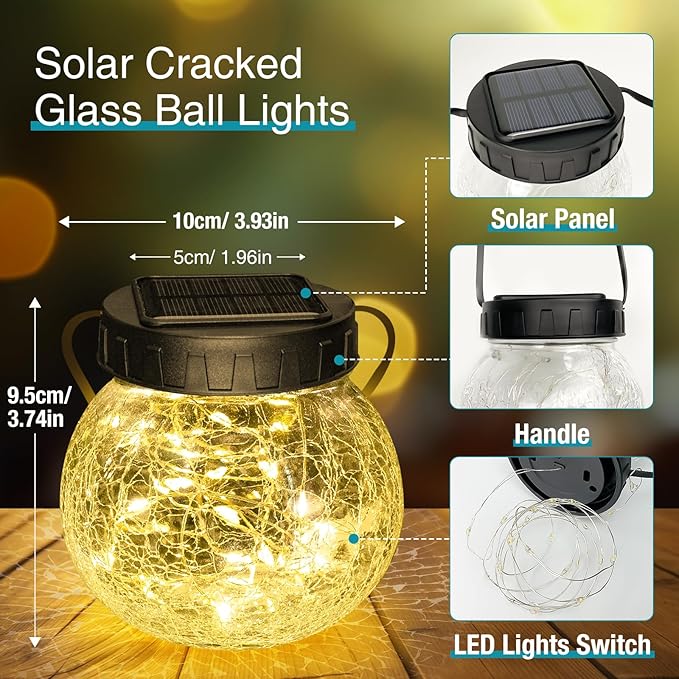 Solar Powered Hanging Lights Cracked Glass Hanging Globes for Christmas Decoration, Shepherd Hook, Garden Tree Ornaments