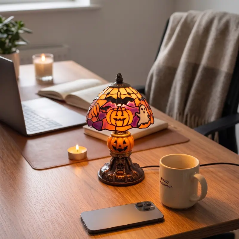 🎃 Vintage-style pumpkin and bat pattern Halloween table lamp🎃