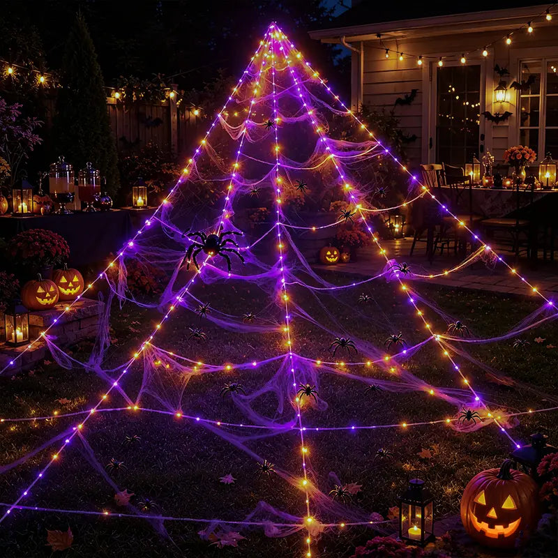 【🎃Halloween sale🎃】Halloween Spider Web Lights Outdoor | LED Spider Web Decoration With Glowing Spider For Yard & Party Decor