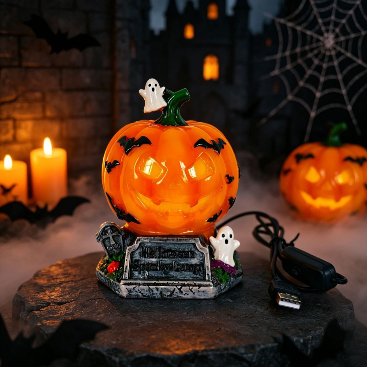 🎃 Vintage-style pumpkin and bat pattern Halloween table lamp🎃