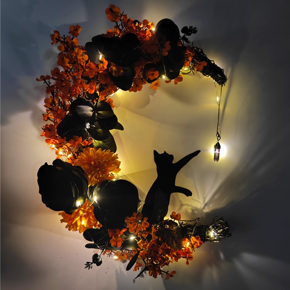🔥Last Day 50% OFF - 🐈‍⬛🌙Handmade Halloween Cat Wreath(📦Buy 3 Free Shipping)