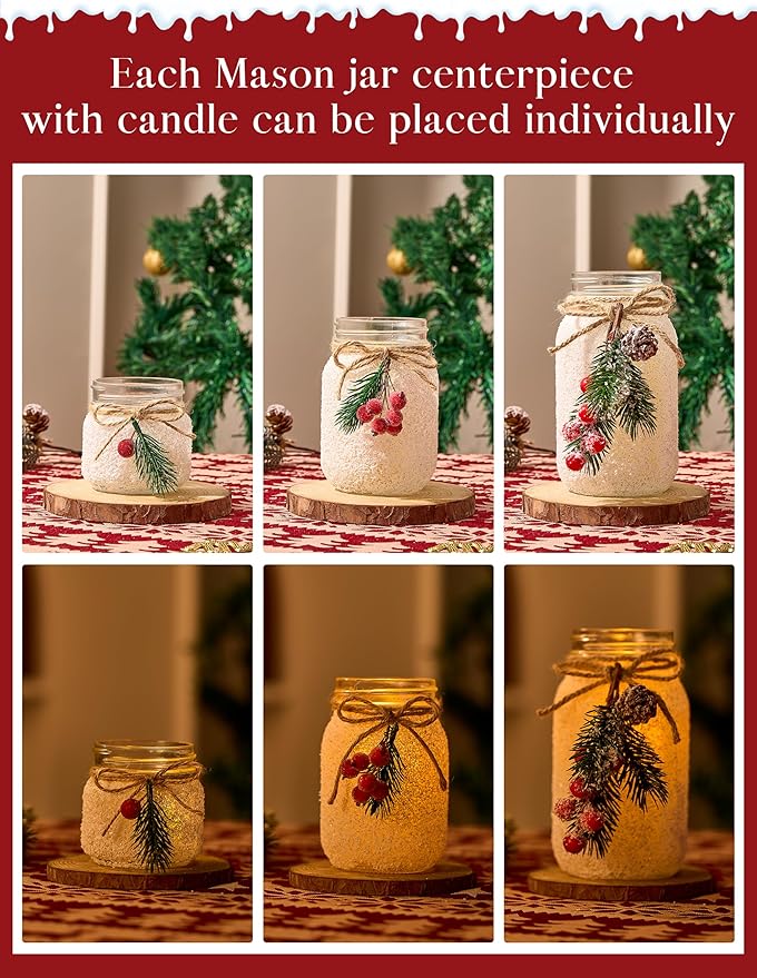 3 Mason Jars with Flameless Christmas Candles, Flowers | Christmas Table Centerpieces | Christmas Gifts