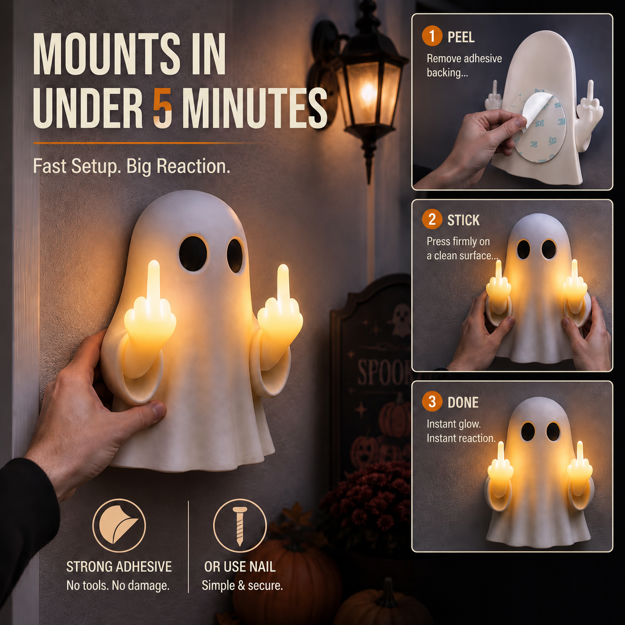 👻👻Glow Spook Funny Middle‑Finger Ghost Wall Decor, Halloween Cute Edgy Ghost Ornament 