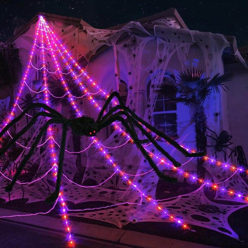 【🎃Halloween sale🎃】Halloween Spider Web Lights Outdoor | LED Spider Web Decoration With Glowing Spider For Yard & Party Decor