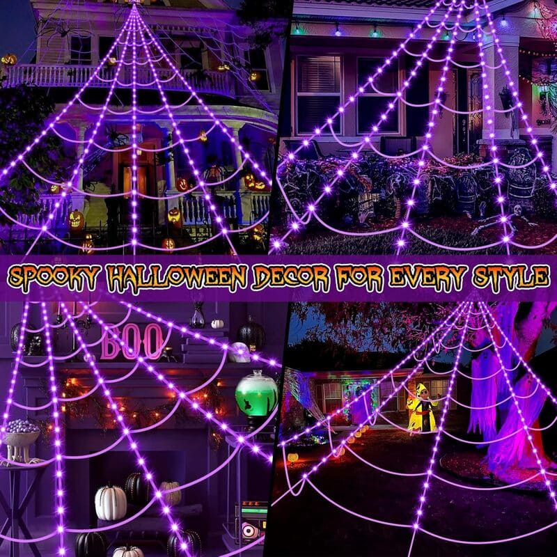 【🎃Halloween sale🎃】Halloween Spider Web Lights Outdoor | LED Spider Web Decoration With Glowing Spider For Yard & Party Decor