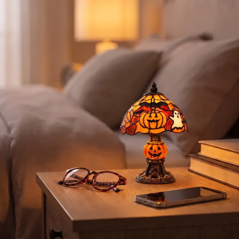 🎃 Vintage-style pumpkin and bat pattern Halloween table lamp🎃