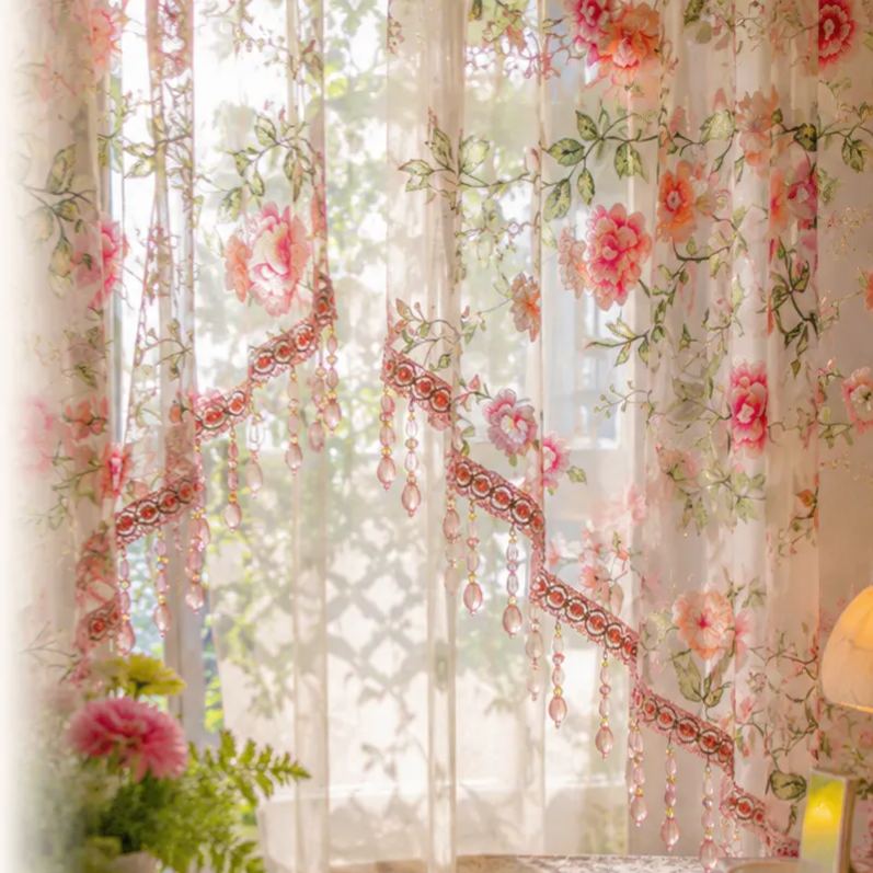 Embroidered Beaded Door Curtain, Boho Floral Hanging Drapery Home Decor