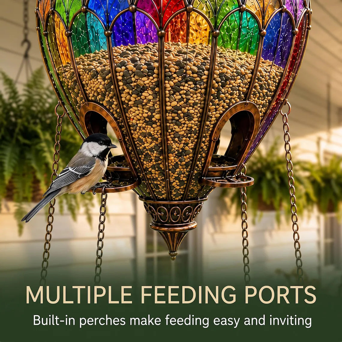 Close view of multiple feeding ports and built-in bird perches