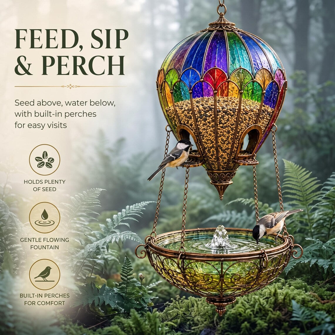 Hot-air-balloon-style hanging bird feeder with seed chamber, perches, and lower water tray