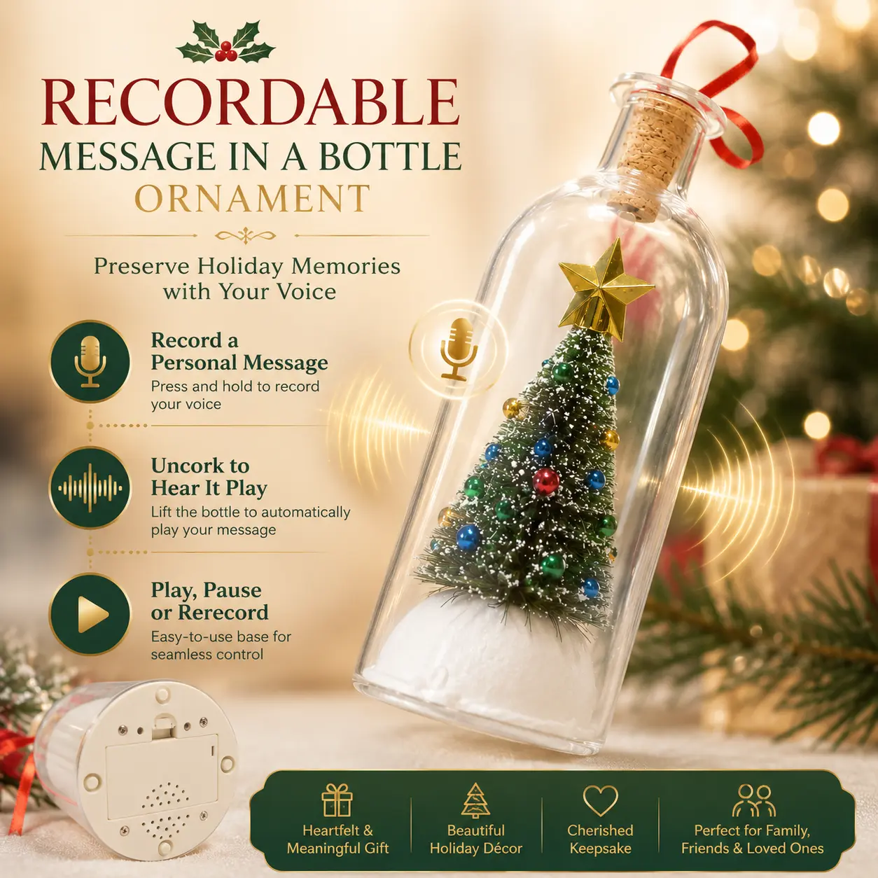 Recordable Christmas Message Glas Bottle with Christmas Tree