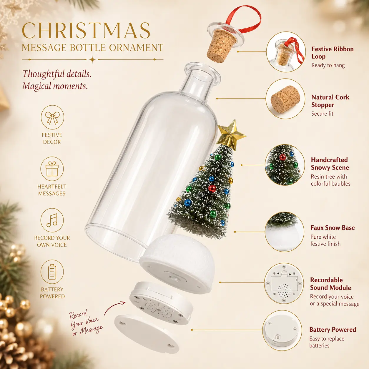 Recordable Christmas Message Glas Bottle with Christmas Tree