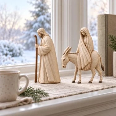 Nativity figurines by winter window
