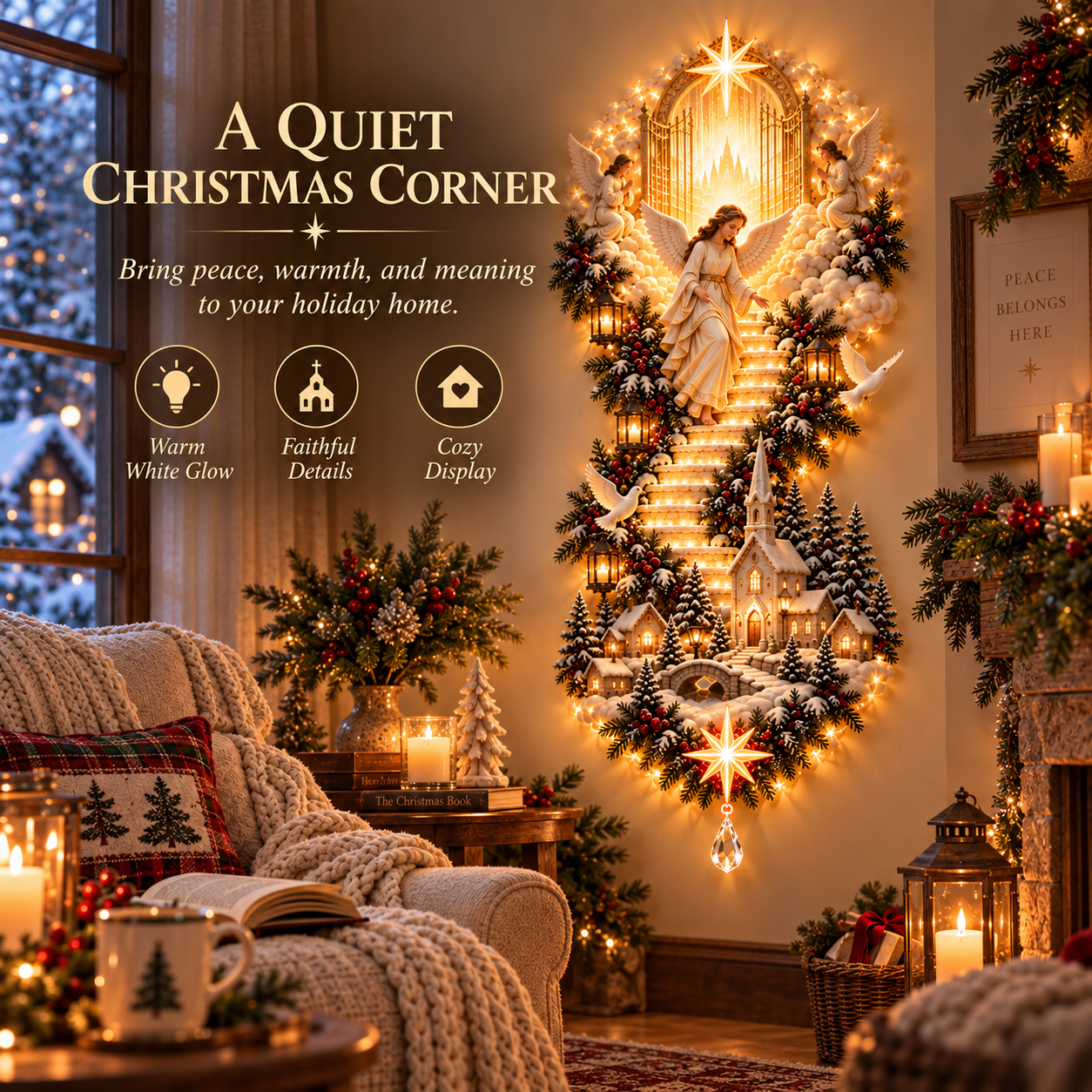 Woman praying beside illuminated Christmas Nativity wall decoration
