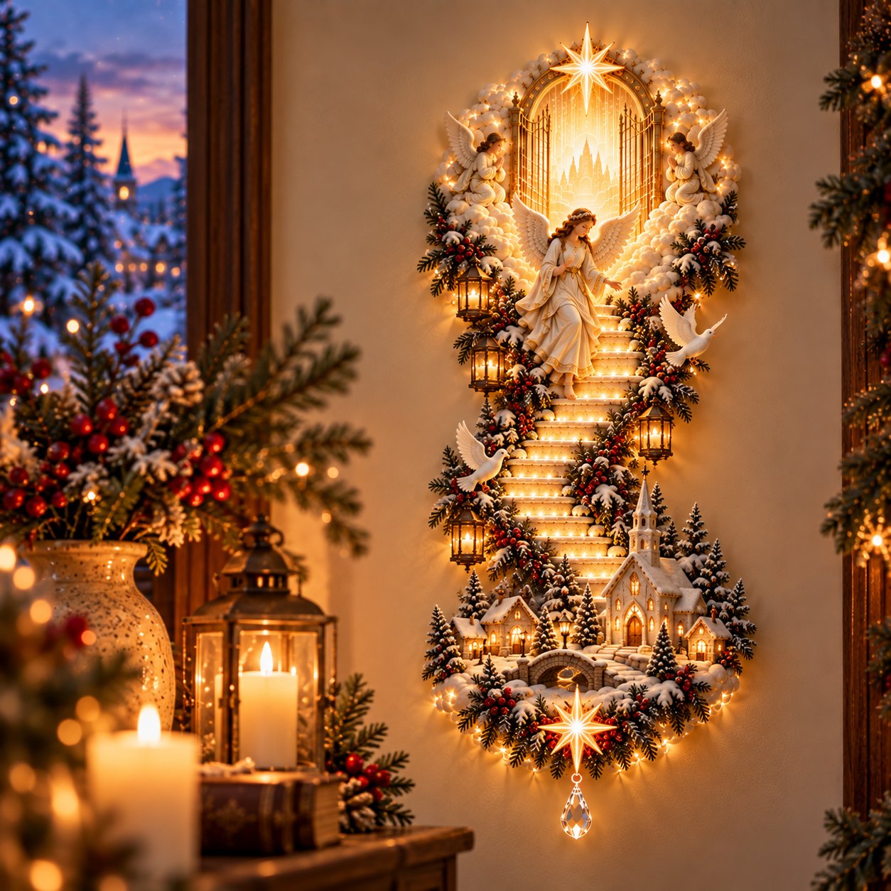 Graceful day and glowing night Christmas wall decor comparison