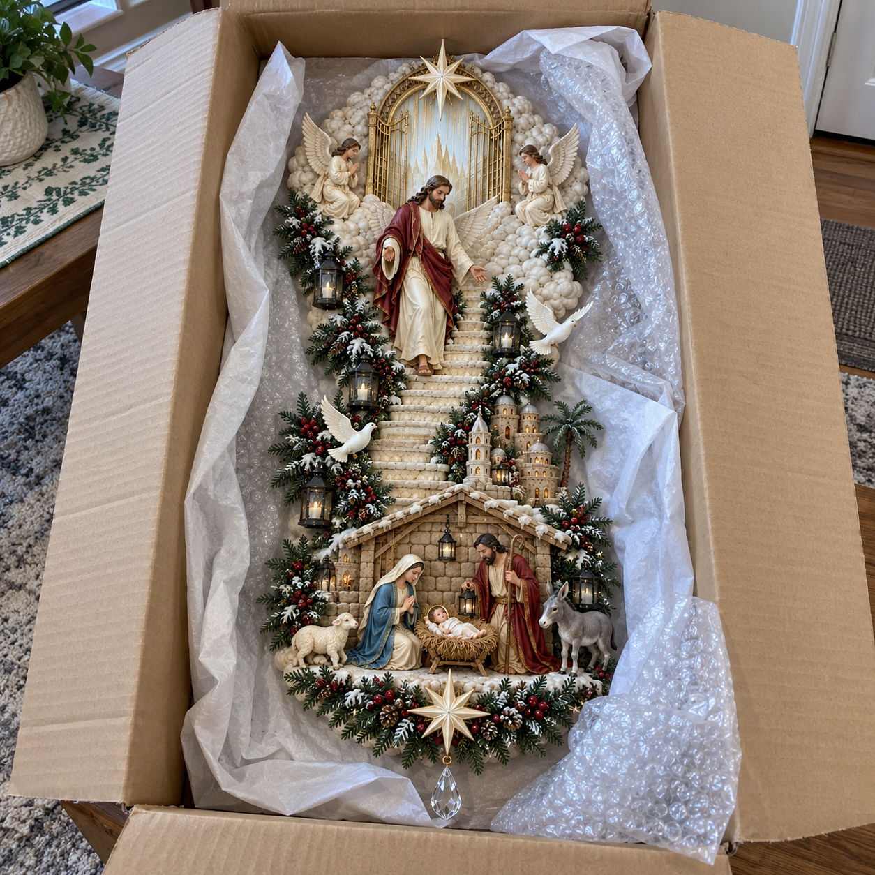 Customer-style unboxing photo of Nativity wall decoration with lights off