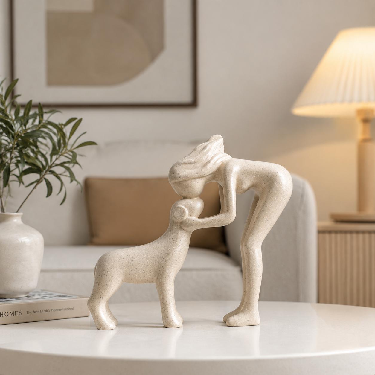 Handmade Abstract Person and Dog Figurine 🐕❤️ Sandstone Keepsake Celebrating Pet Bond