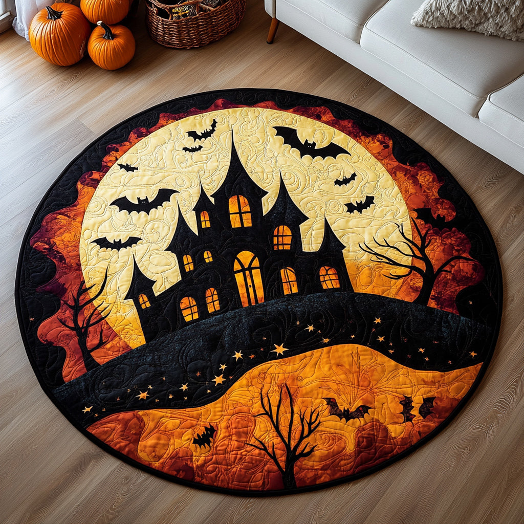 Abandoned-halloween-castle-quilted-round-mat