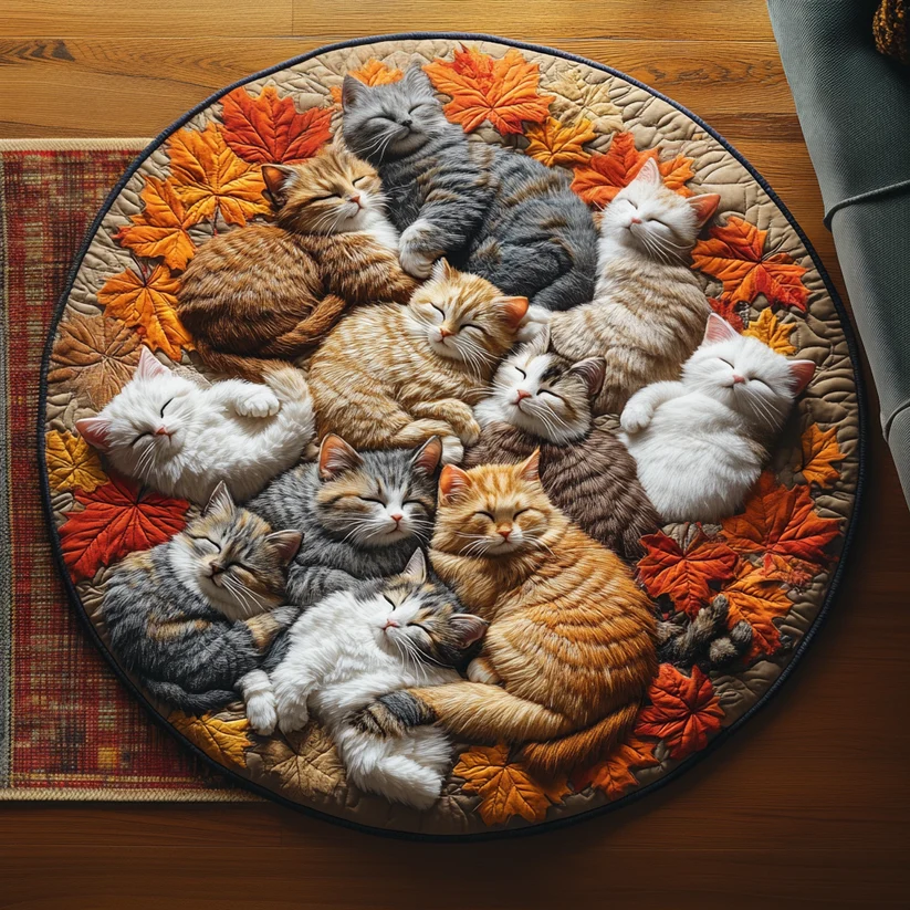 Autumn Cat Cuddling Quilted Round Mat