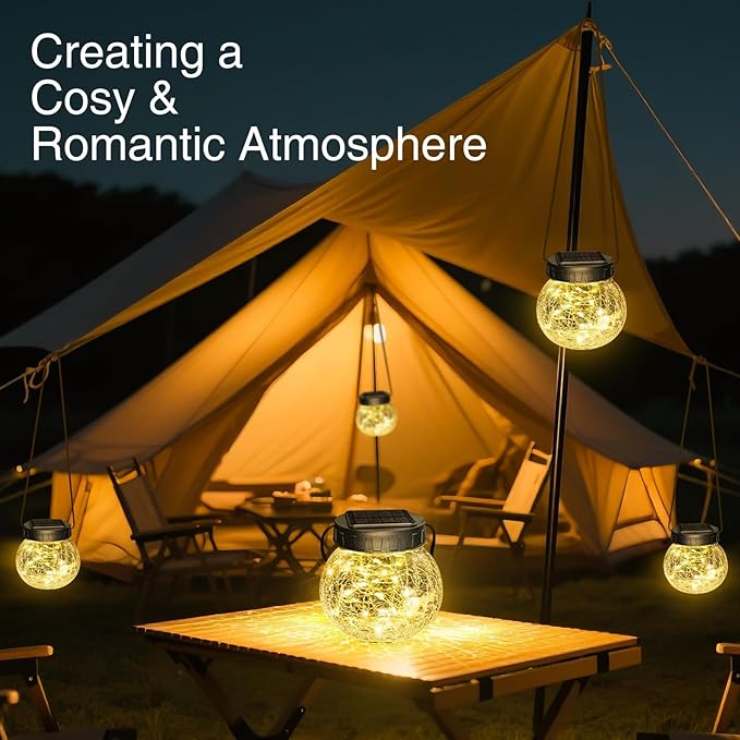 Solar Powered Hanging Lights Cracked Glass Hanging Globes for Christmas Decoration, Shepherd Hook, Garden Tree Ornaments