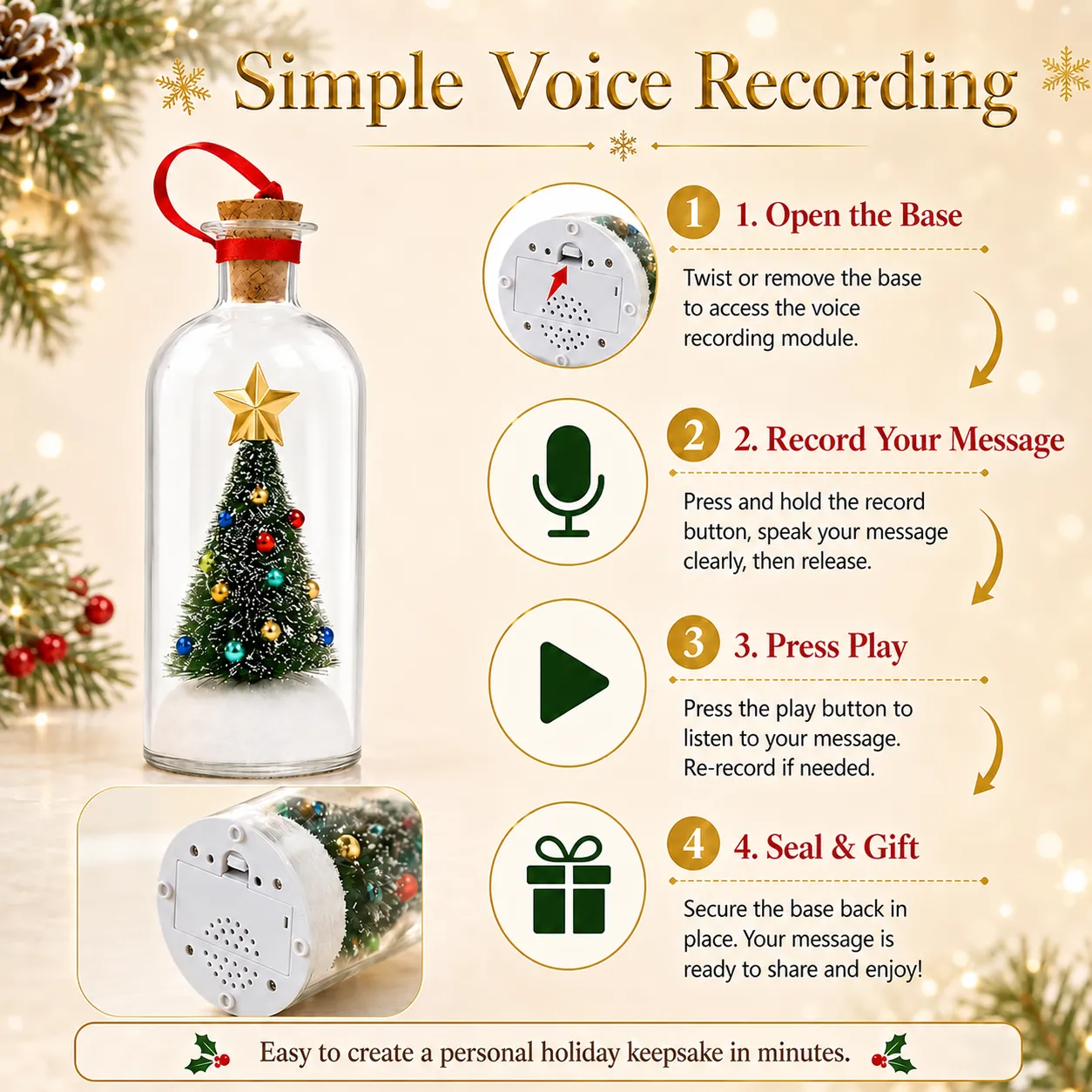 🎉50% OFF🎄Recordable Christmas Tree Keepsake Bottle – Personalized Voice Message Gift