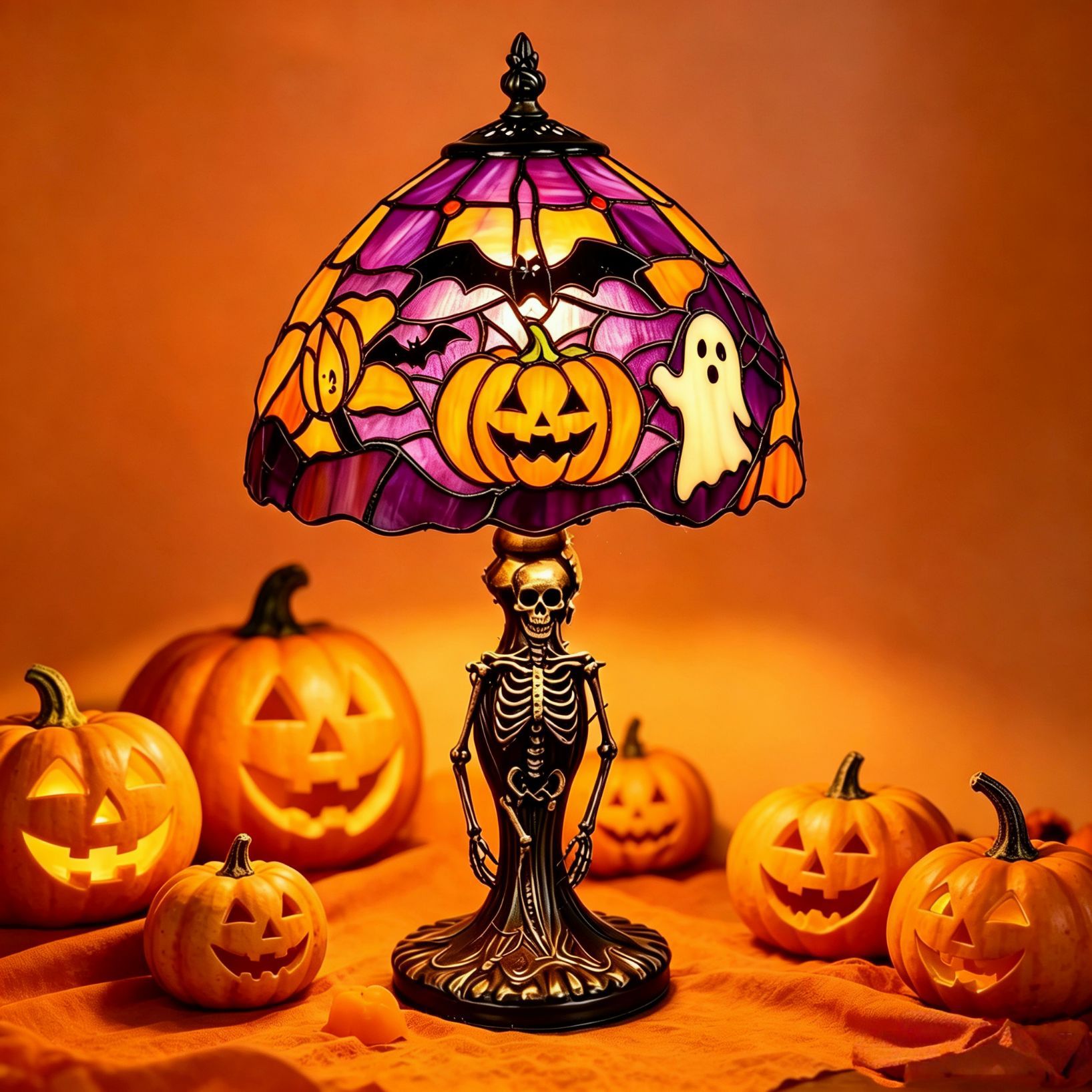 🎃 Vintage-style pumpkin and bat pattern Halloween table lamp🎃