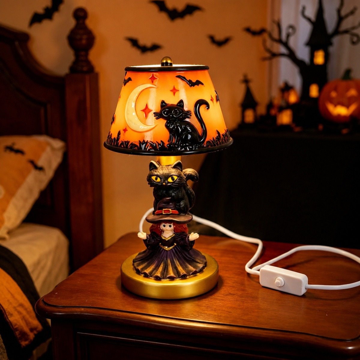 🎃 Vintage-style pumpkin and bat pattern Halloween table lamp🎃