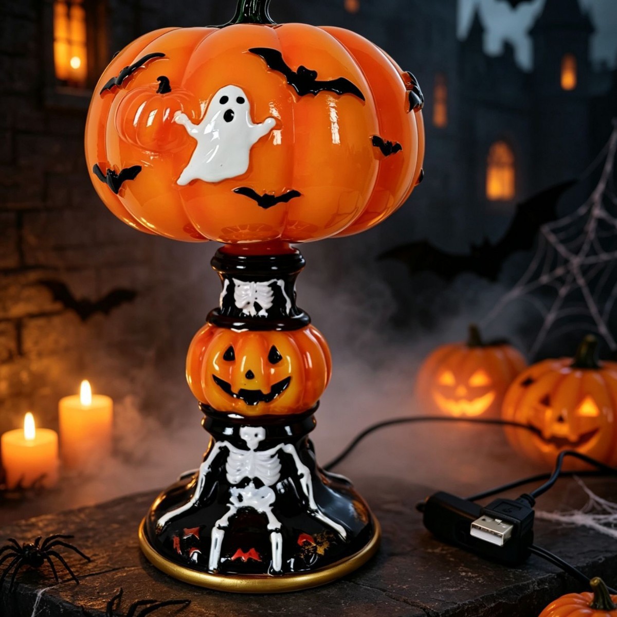 🎃 Vintage-style pumpkin and bat pattern Halloween table lamp🎃