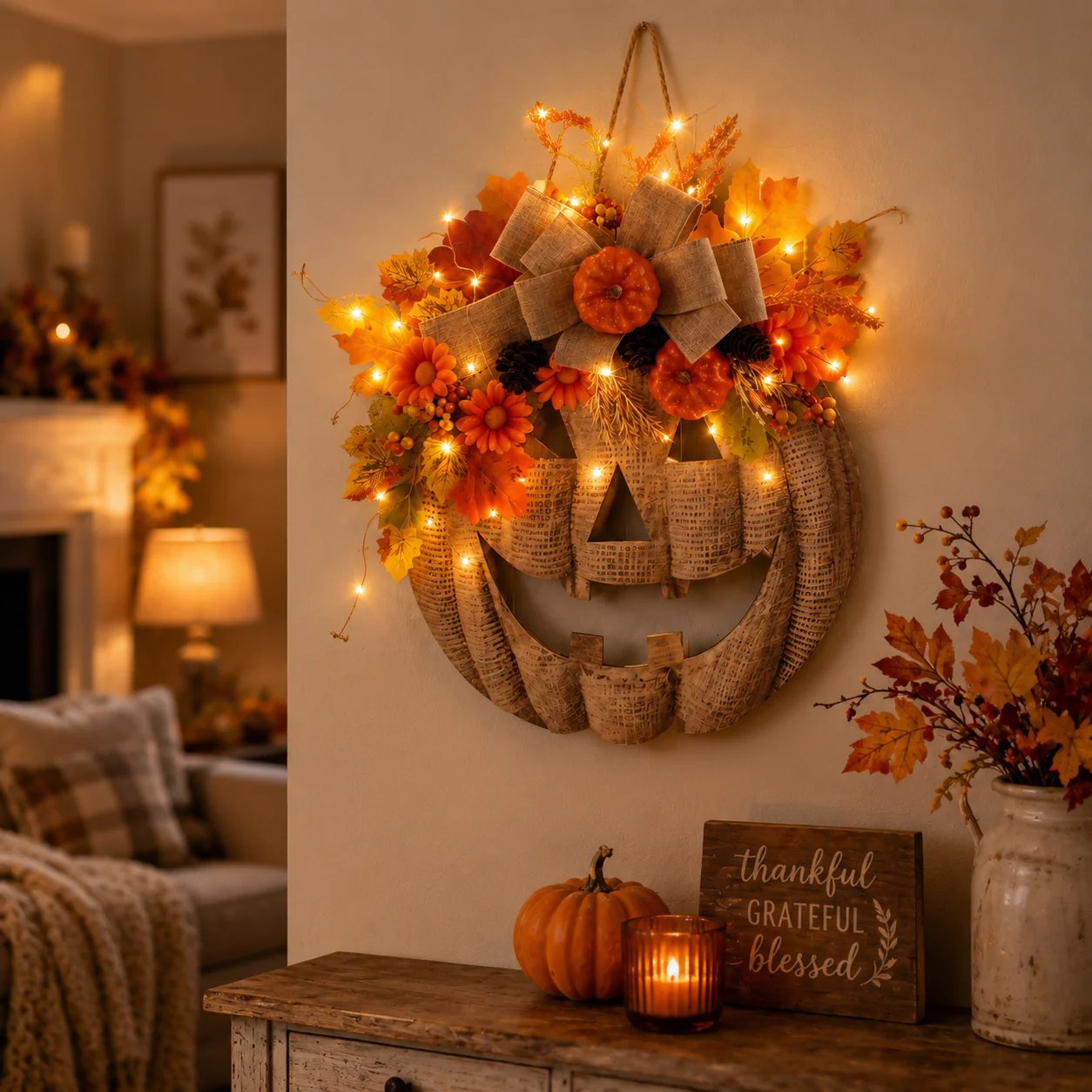 ✨ Lighted Burlap Pumpkin Wreath 🎃For Halloween and Christmas