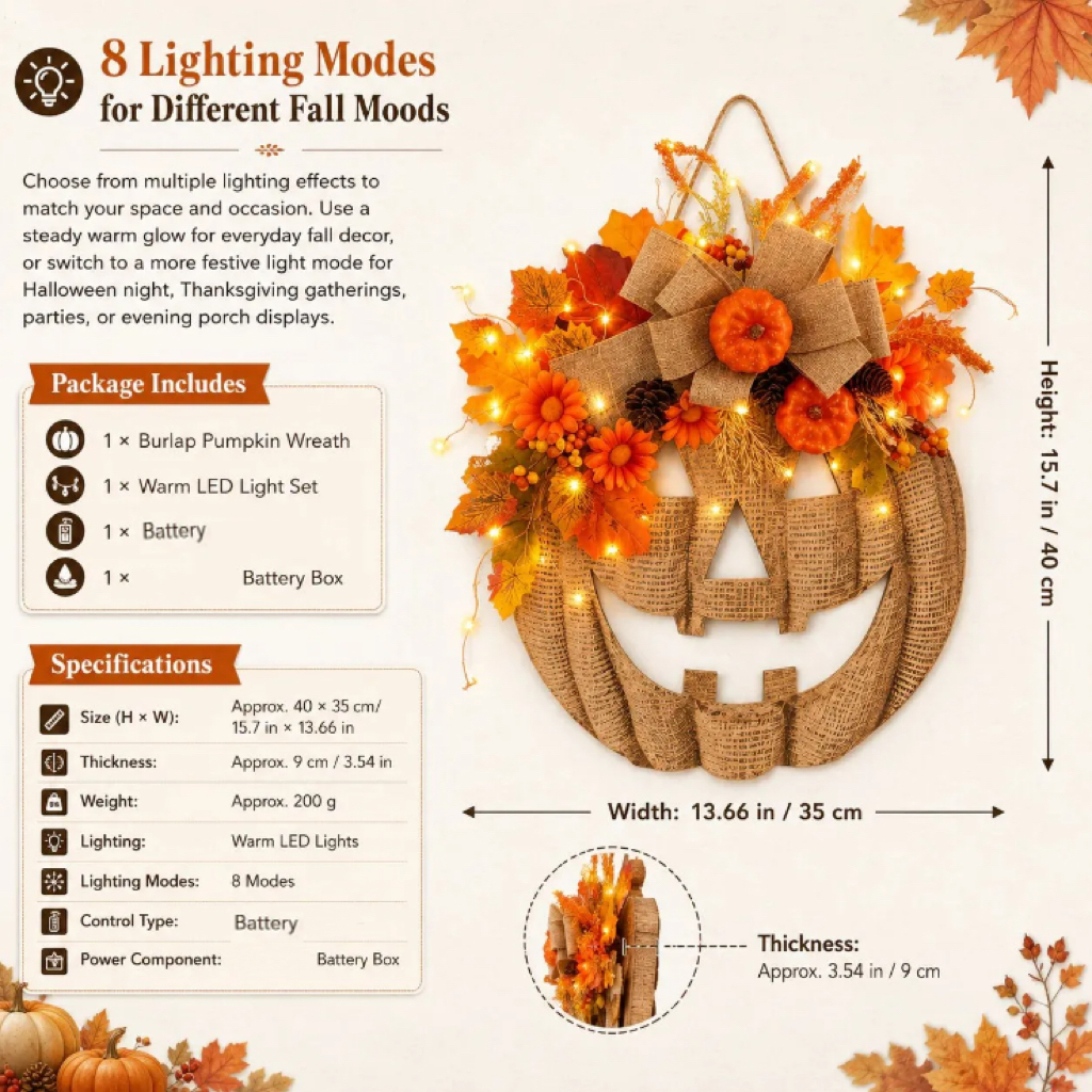 ✨ Handmade Lighted Burlap Pumpkin Wreath 🎃For Halloween and Christmas