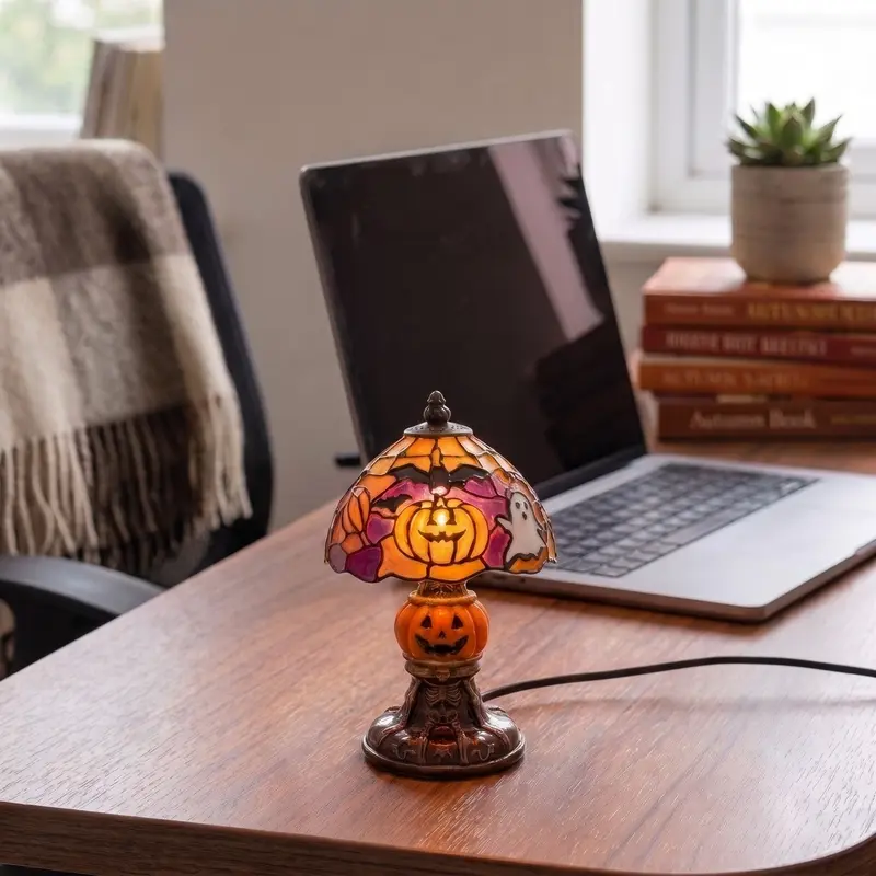 🎃 Vintage-style pumpkin and bat pattern Halloween table lamp🎃