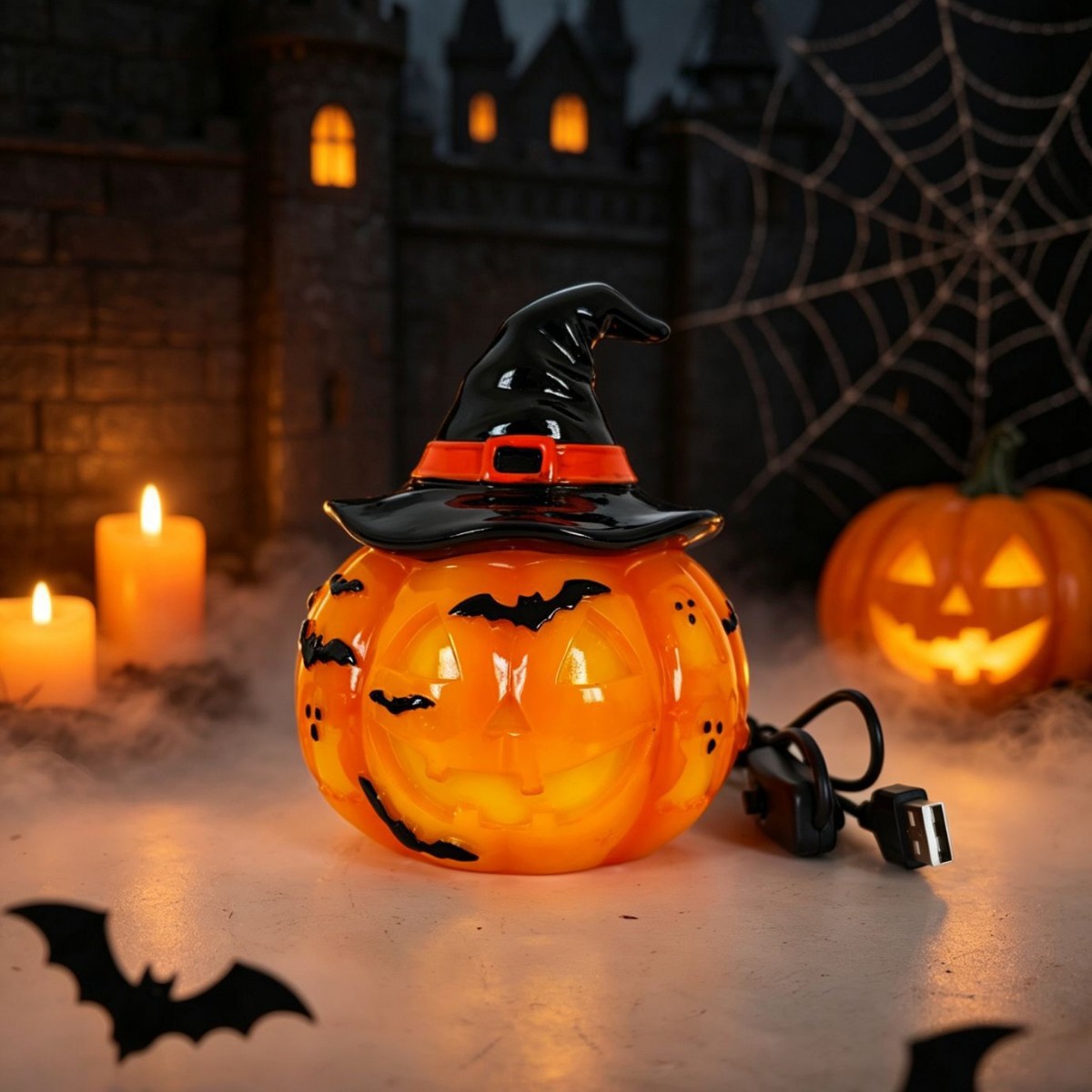 🎃 Vintage-style pumpkin and bat pattern Halloween table lamp🎃