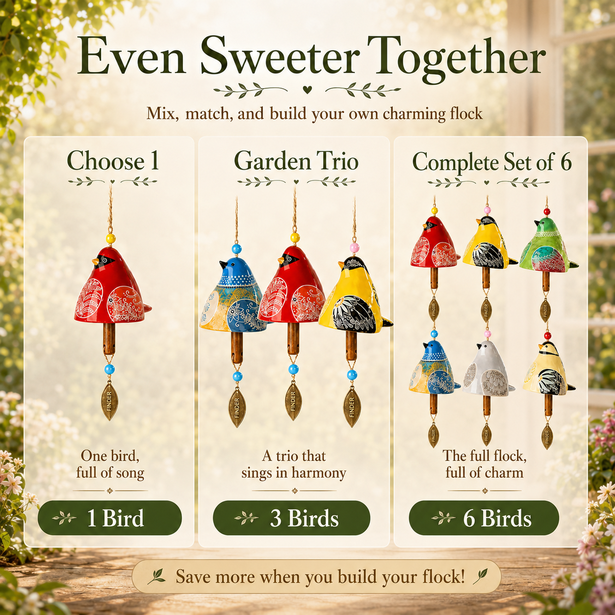 50% OFF!Hand-Painted Resin Bird Wind Chime, Colorful Folk Art Garden Hanging Decor