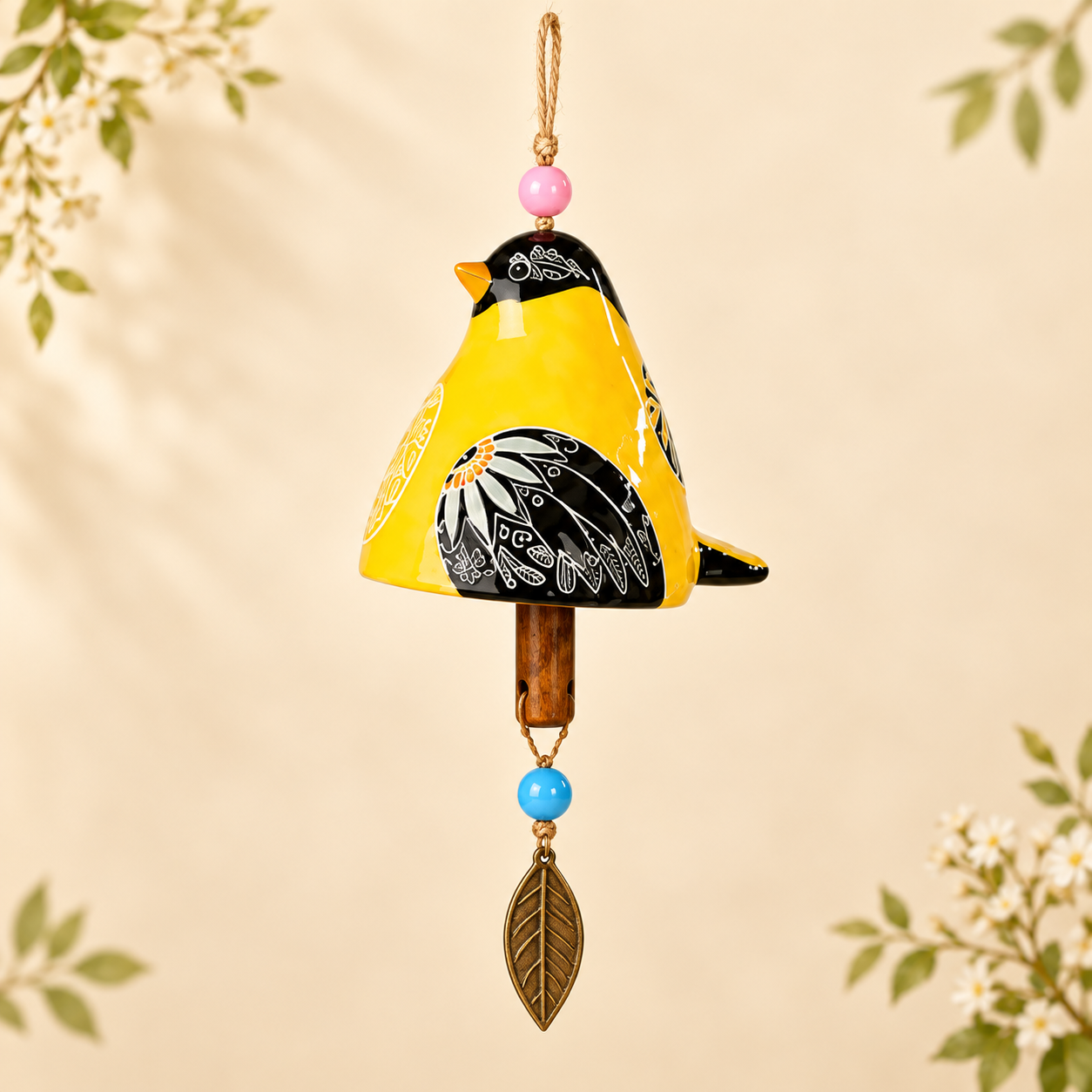 50% OFF!Hand-Painted Resin Bird Wind Chime, Colorful Folk Art Garden Hanging Decor