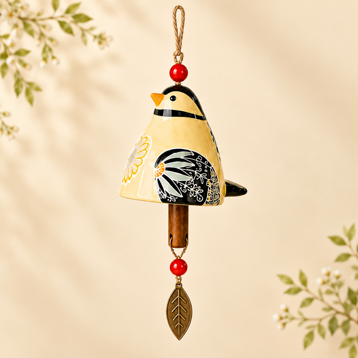 50% OFF!Hand-Painted Resin Bird Wind Chime, Colorful Folk Art Garden Hanging Decor