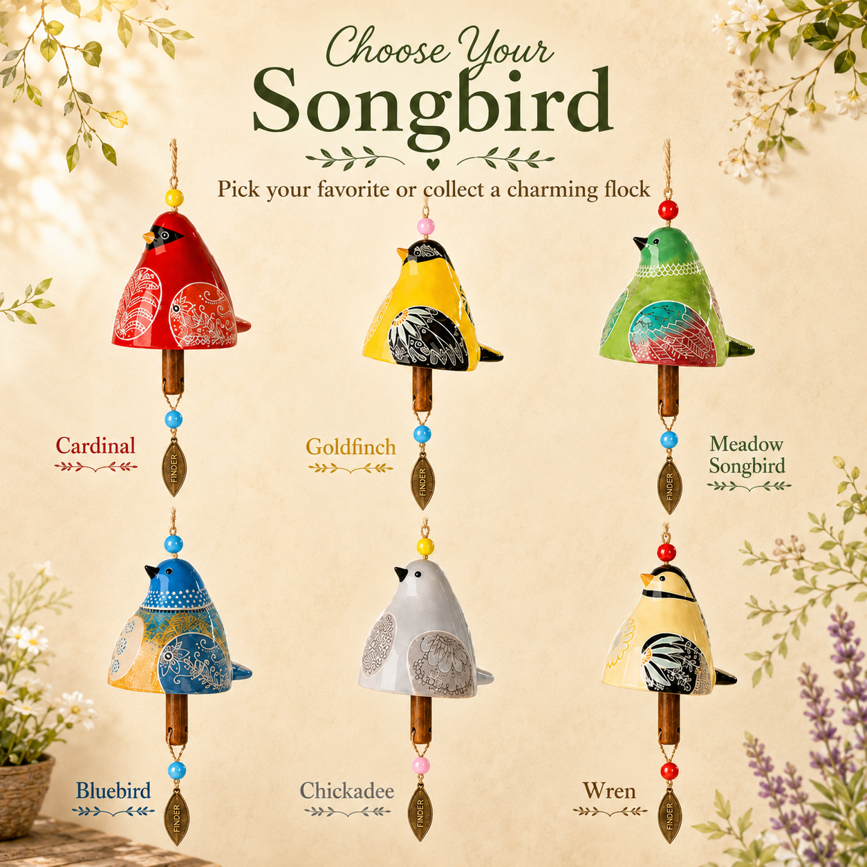 50% OFF!Hand-Painted Resin Bird Wind Chime, Colorful Folk Art Garden Hanging Decor